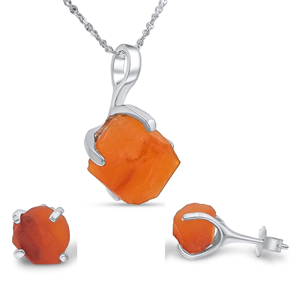 Real Raw Carnelian Jewelry Set with 925 Sterling Silver Gift