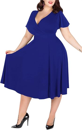 Nemidor Women's V-Neckline Stretchy Casual Midi Plus Size Dress