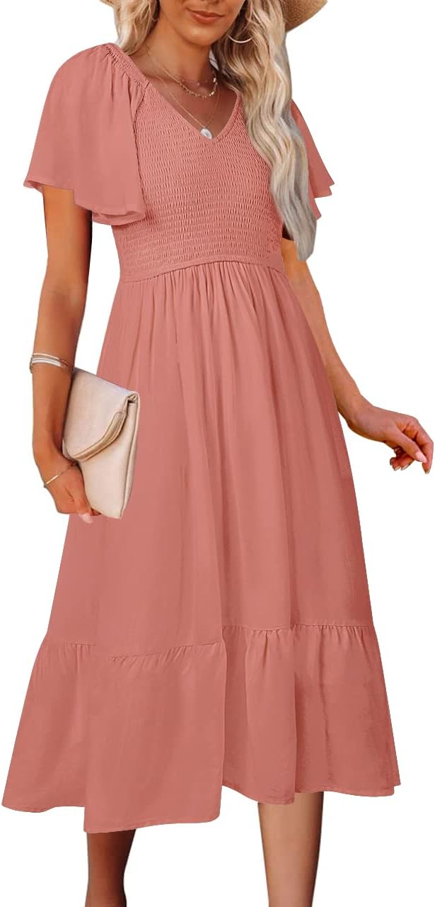 Stylish Summer Casual V Neck Ruffle Sleeve Midi Dress
