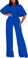 Womens Ruffle Sleeve Belted Wide Leg Jumpsuit - Elegant Fit