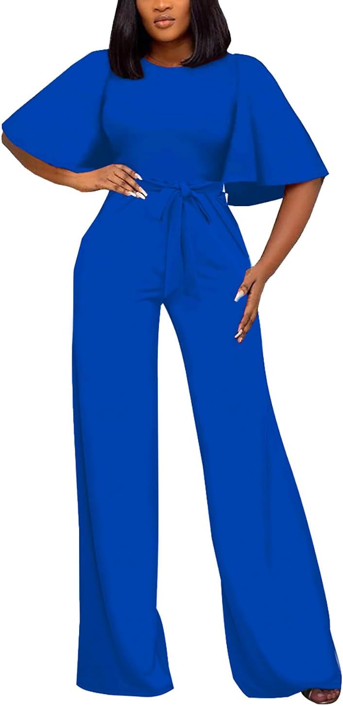 BessCops Womens Loose Short Sleeve Belted Wide Leg Jumpsuit