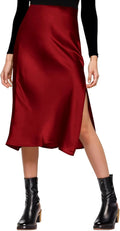 Womens Satin Silk High Waist Slit Midi Skirt - Chic Versatile Look