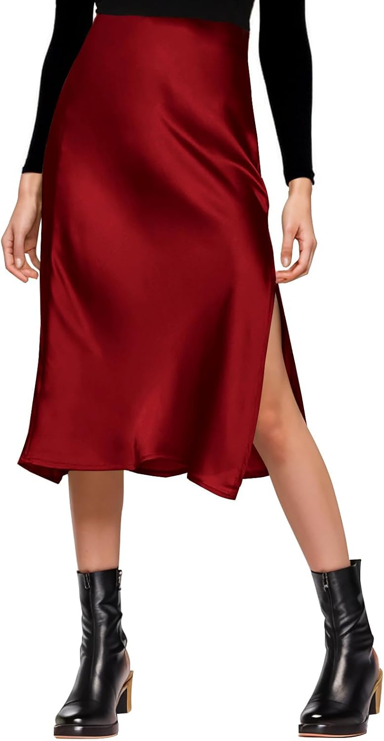 Womens Satin Silk High Waist Slit Midi Skirt for Every Occasion