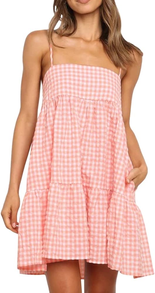 Womens Plaid A-line Dresses with Ruffle Hem and Side Pockets