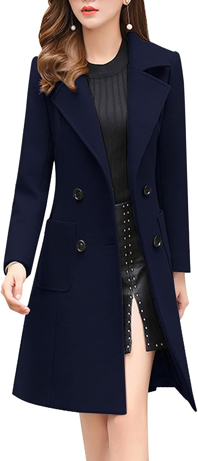 Elegant Notched Collar Double Breasted Wool Blend Over Coat