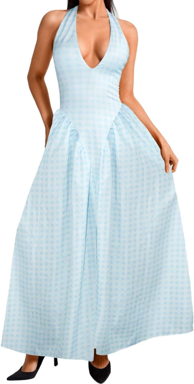 Deep V Neck Dress for Women - Flowy Halter Maxi Style
