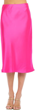Women Solid High Waist Silky Satin Midi Skirt - High Waist Fit