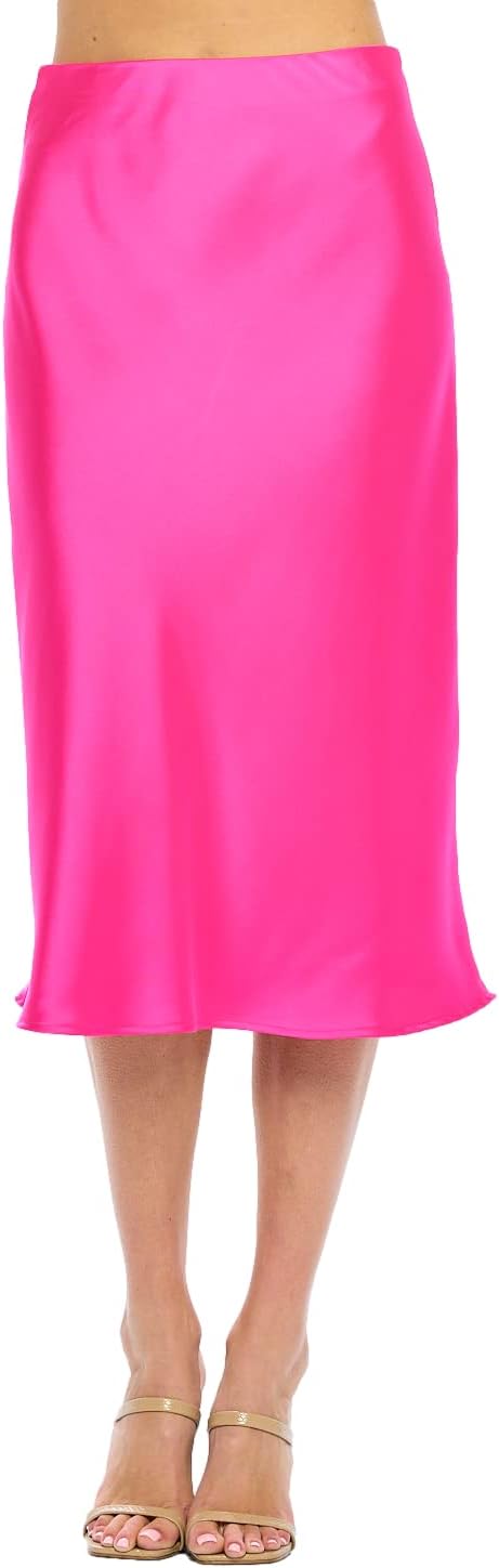 Women Solid High Waist Satin Midi Skirt for Elegant Style