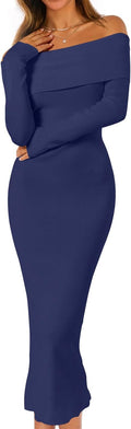 MEROKEETY Off Shoulder Bodycon Sweater Dress - Elegant Fall Midi