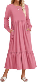 Long Sleeve Tiered Midi Dress for Women - Casual Pleated Swing