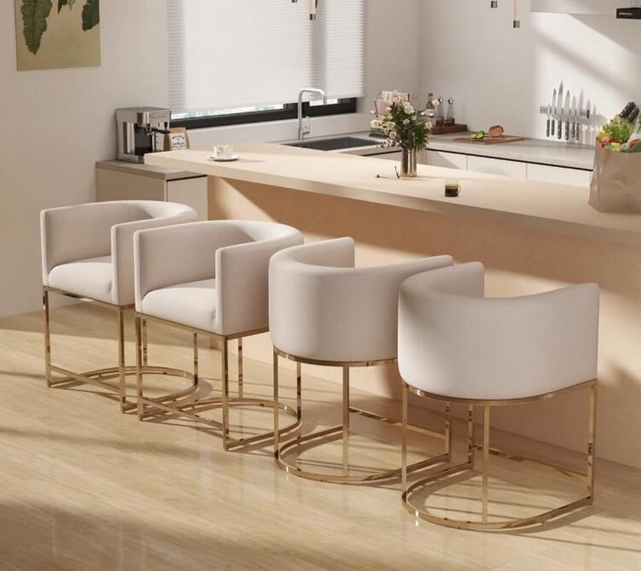 Contemporary Cream Linen Bar Stools Set of 4 for Kitchen Use