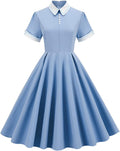 Women Short Sleeve 1950s Retro Polka Dot Swing Dress - Audrey Collar