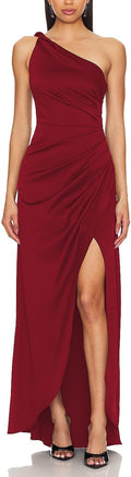 One Shoulder Ruched High Split Maxi Dress - Sleek Evening Fit
