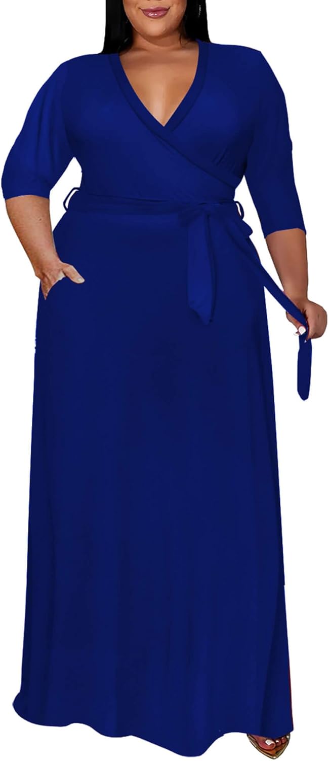 Runwind Plus Size Dress for Women - Elegant V Neck Maxi Style