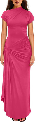 Women's Short Sleeve Boat Neck Ruched High Split Bodycon Dress