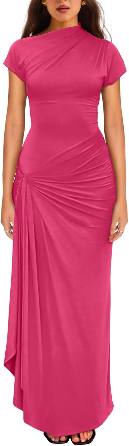 YMDUCH Women's Casual Boat Neck Ruched High Split Dress Review