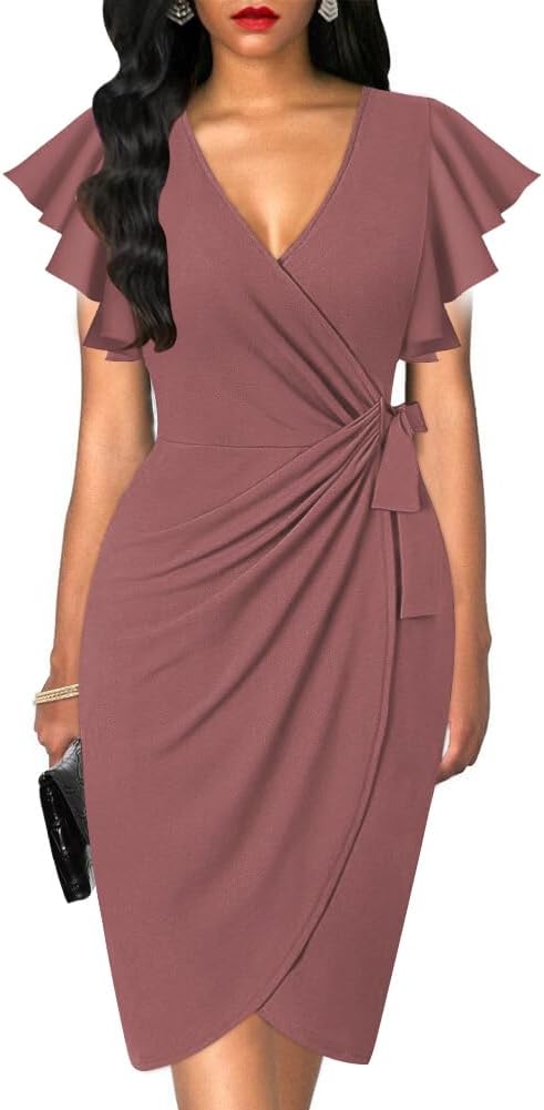 Womens Deep V Neck Ruffle Sleeve Sheath Casual Cocktail Dress