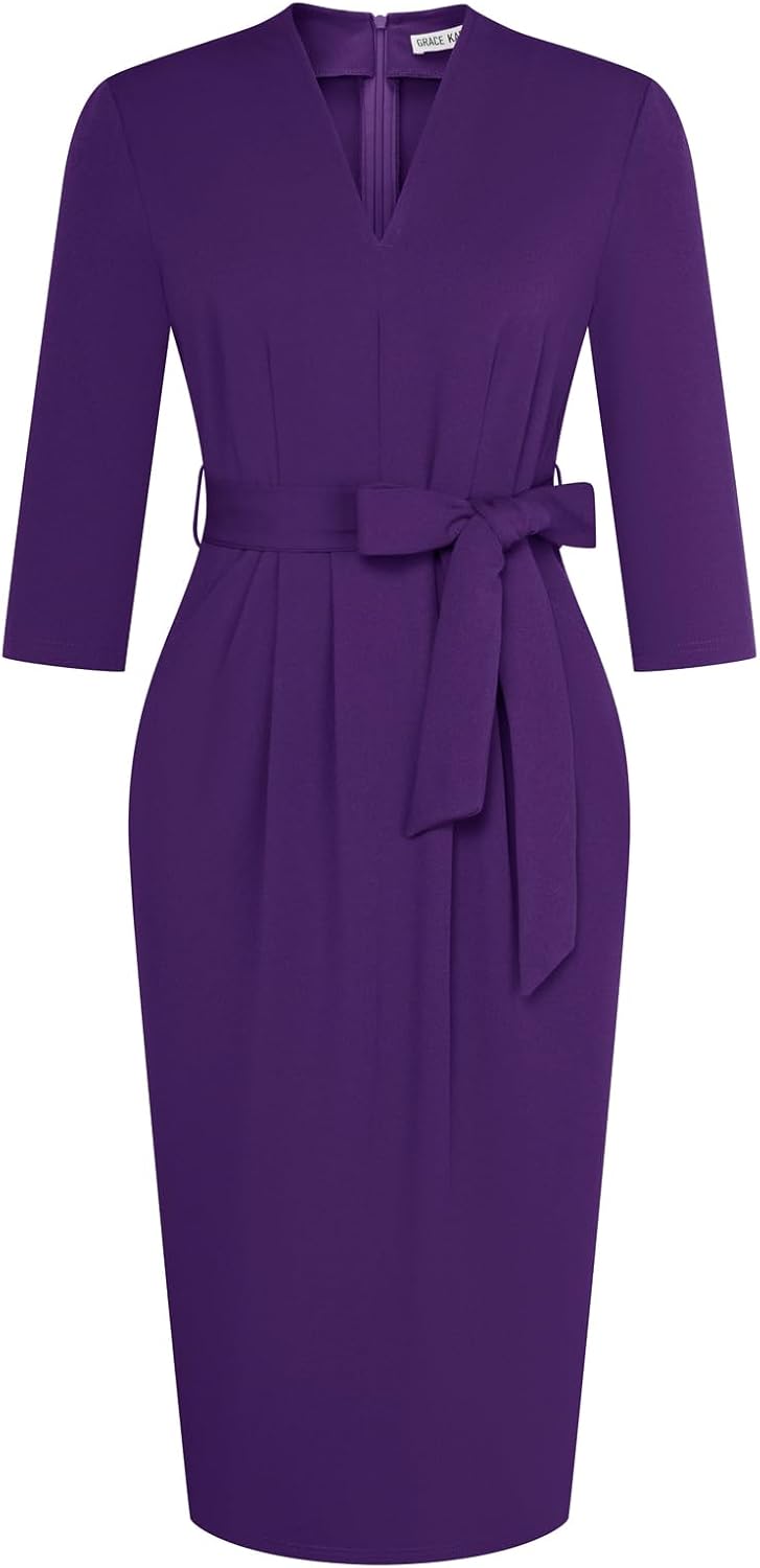 GRACE KARIN Womens Work Dresses V Neck 3/4 Sleeve Bodycon