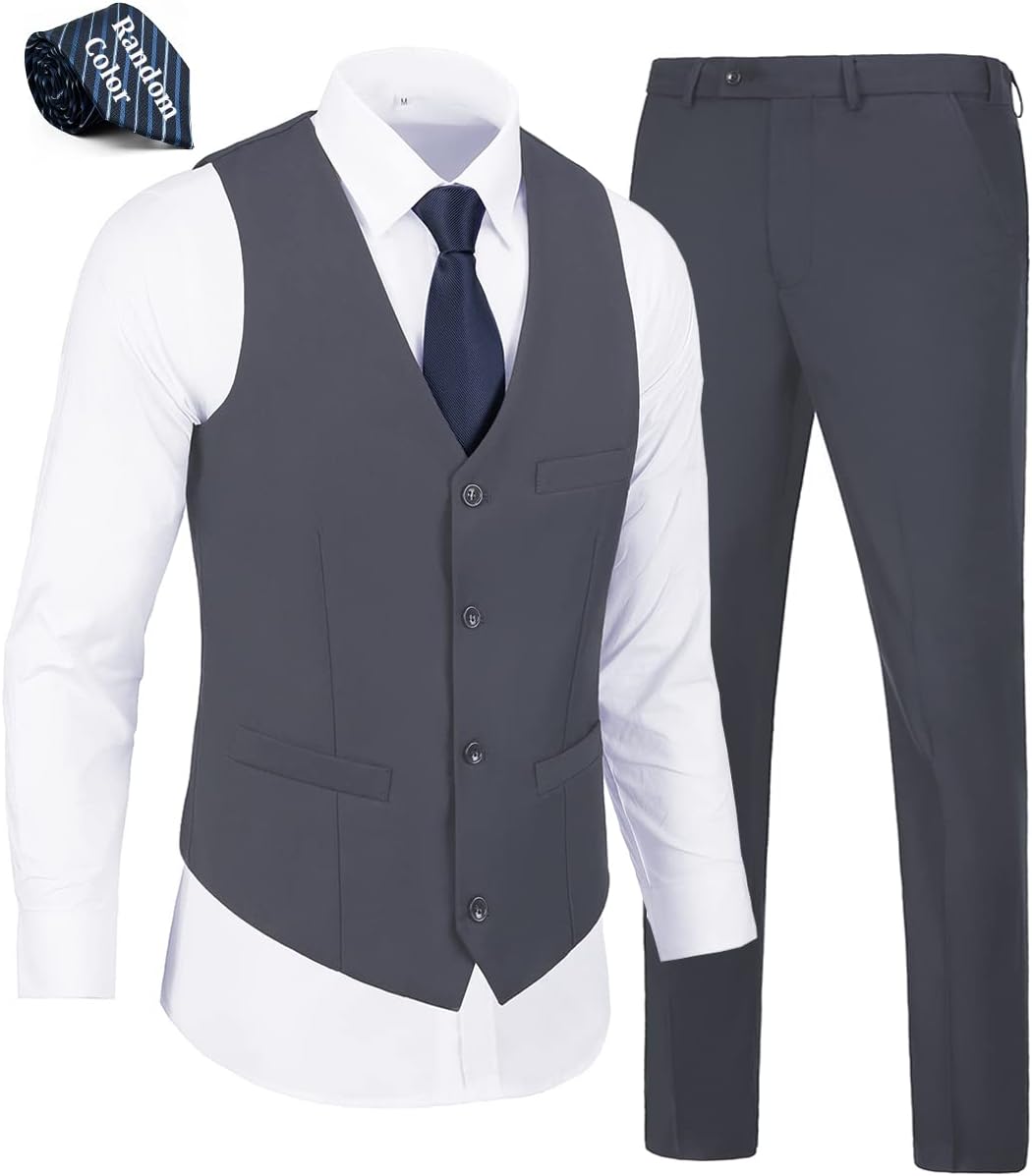 WOMS Mens 2 Pieces Suits Vest Pants Set for Formal Events