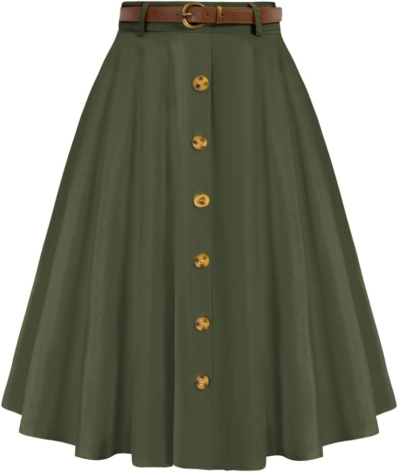 Vintage High Waist A-Line Flared Midi Skirt with Pockets