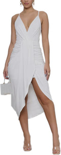 LYANER Women's V Neck Ruched Wrap Slit Midi Bodycon Dress - Sleek Fit