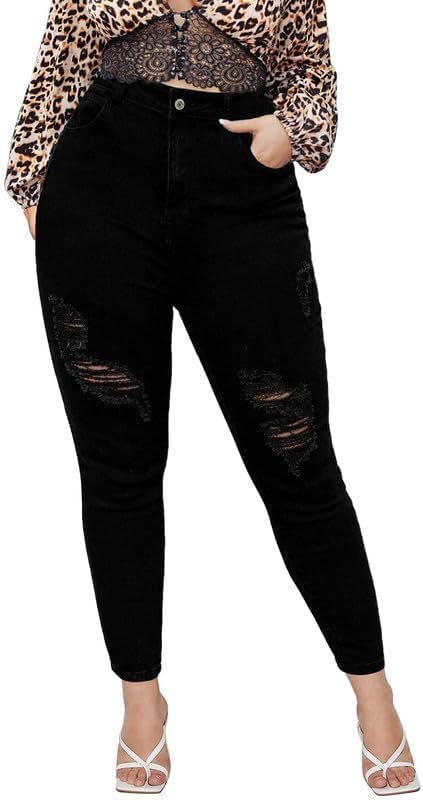 ALLABREVE Plus Size Skinny Jeans for Women - Stylish Ripped Denim