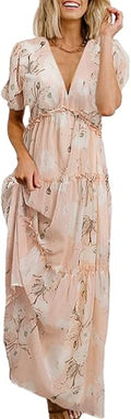 Amegoya Women's Floral V Neck Short Sleeve Maxi Dress for Casual Wear