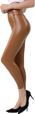 Faux Leather Leggings High Waist Tummy Control - Slim Wet Look