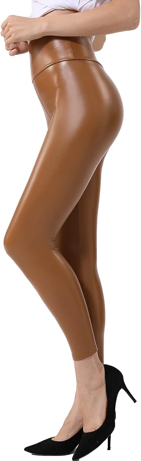 Faux Leather Leggings for Women with Tummy Control and Stretch
