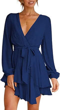 Cosonsen Women's Dacron Deep V-Neck Long Sleeve Tie Waist Mini Dress