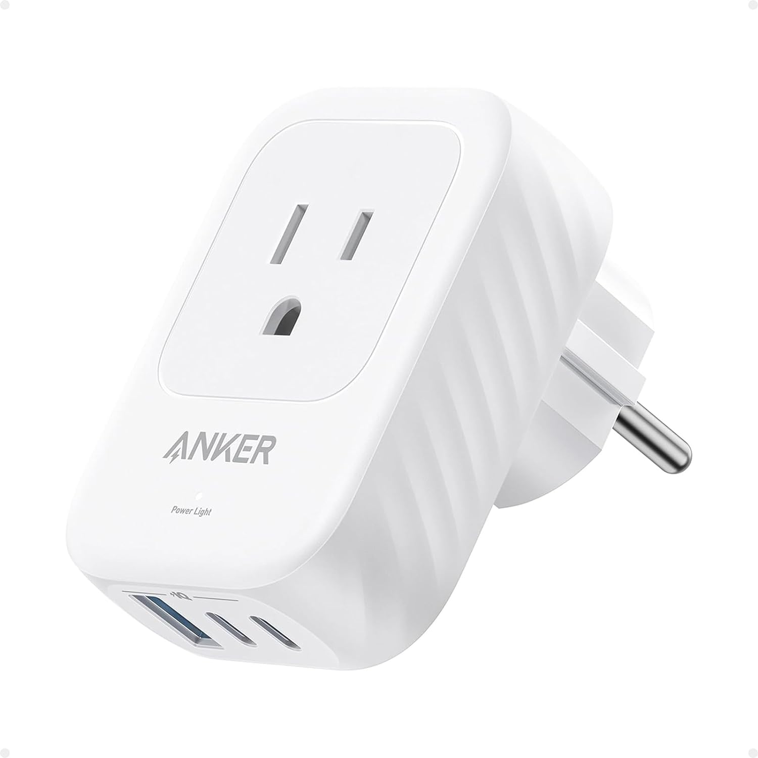 Anker European Travel Adapter: 15W USB-C Power, 2 AC Outlets, 3 USB Ports