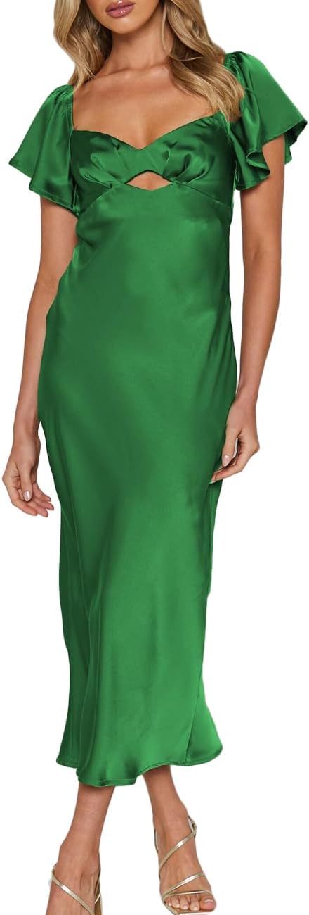 Summer Satin Flutter Sleeve Wedding Guest Dresses for Women
