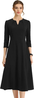 Allegra K Women's 3/4 Sleeve Midi A-Line Dress with Pockets