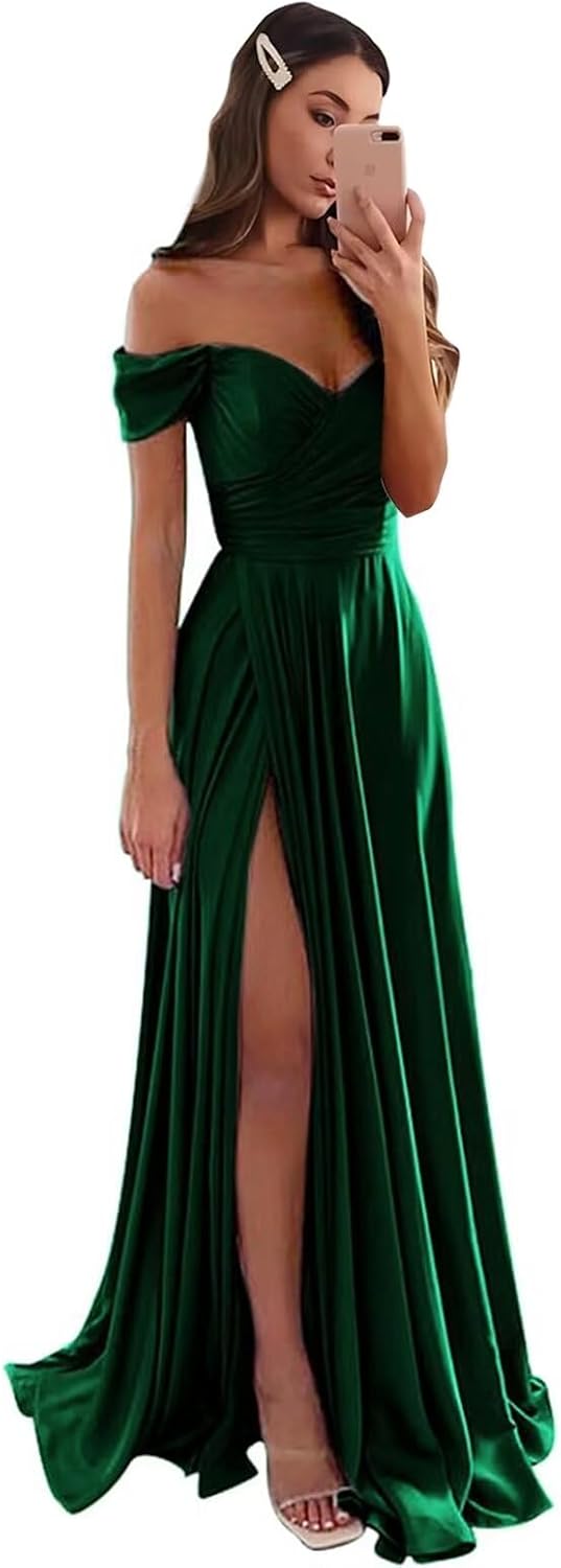 Women's Satin Bridesmaid Dresses Off Shoulder Long A Line Gowns