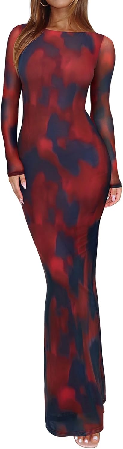 REORIA Women's Floral Mesh Long Sleeve Maxi Wedding Guest Dress