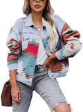 Aztec Denim Jacket for Women - Lightwash Distressed Lapel Shacket