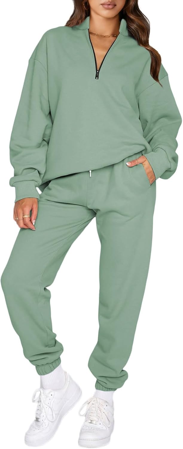Stylish Oversized Half Zip Pullover Jogger Pants Set for Women