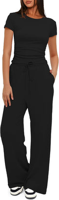 Women's 2 Piece Lounge Set Wide Leg Pants and Ruched Top - Cozy Travel