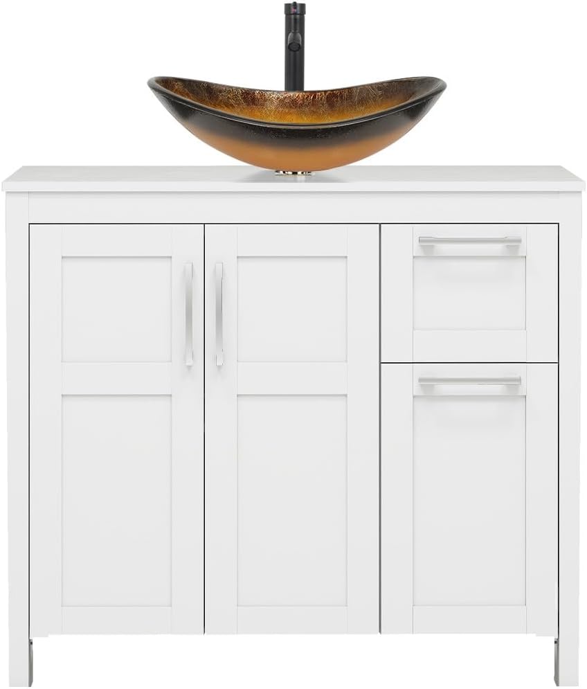 36 Inch Bathroom Vanity with Sink and Elegant Black Glass Bowl
