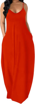 Women's Maxi Dress Spaghetti Strap with Pockets - Adjustable Fit