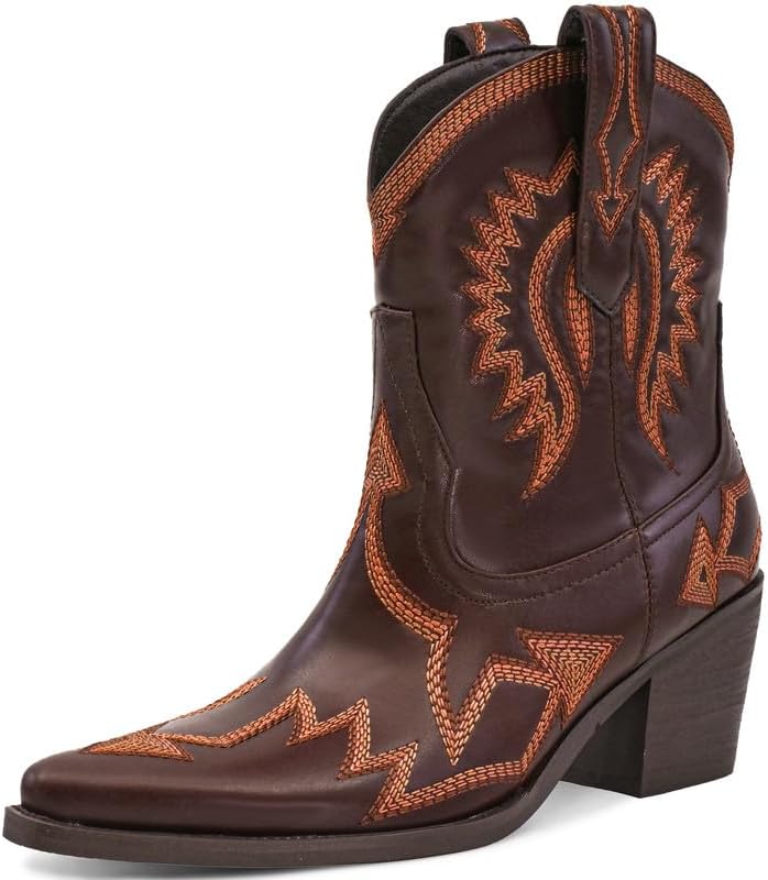 Western Boots for Women with Metallic Embroidery and Chunky Heel