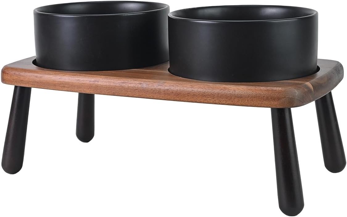 SPUNKYJUNKY Ceramic Elevated Dog Bowls with Bamboo Stand
