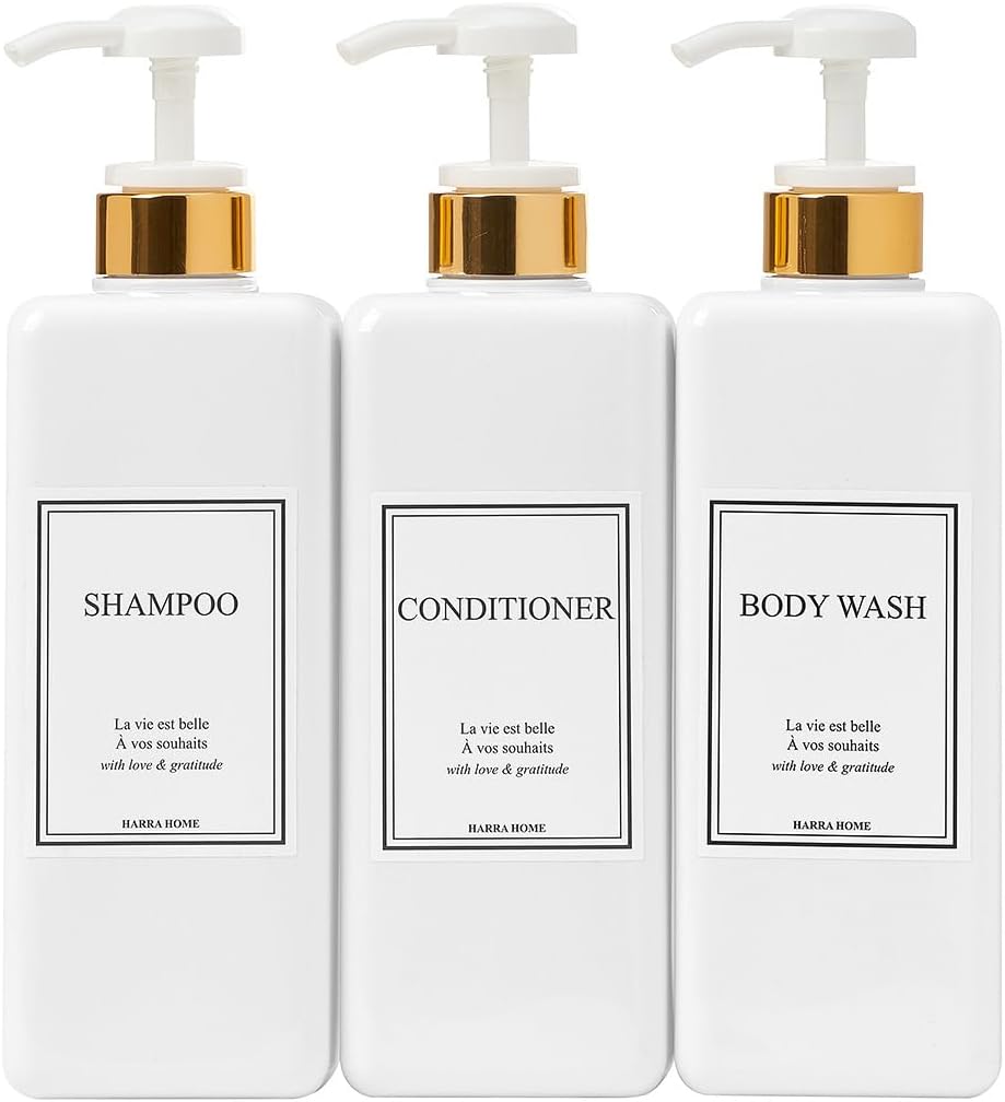 Harra Home Luxury Gold Pump Bottles - 27oz Trio for Shower Essentials