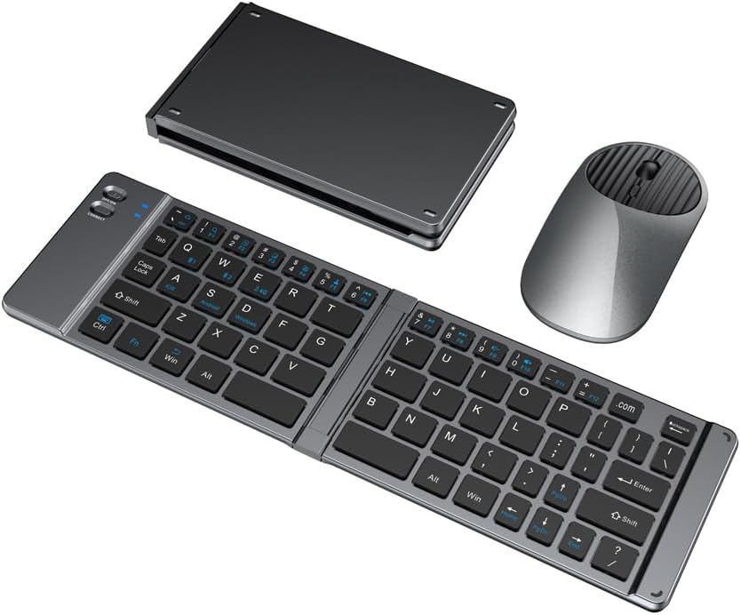 Foldable Bluetooth Keyboard & Mouse Combo - Syncs Up to 3 Devices - Ultra-Slim Travel Design - Grey