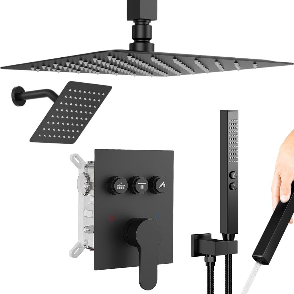 Matte Black Shower Faucet Set with Dual Rain Shower Heads