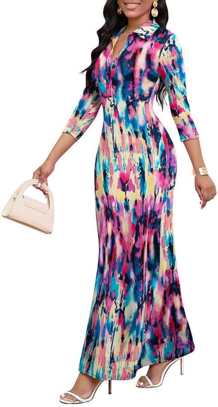 Maxi Dresses for Women Casual V Neck 3/4 Sleeve Bodycon Style