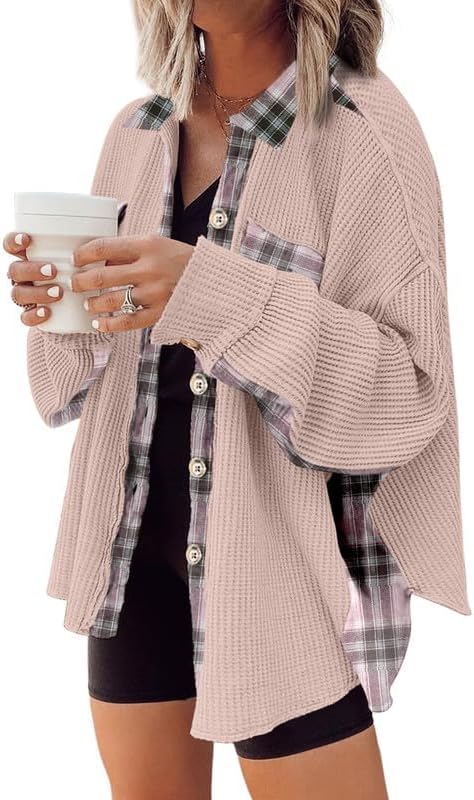 SHEWIN Womens Waffle Knit Plaid Shacket for Stylish Comfort
