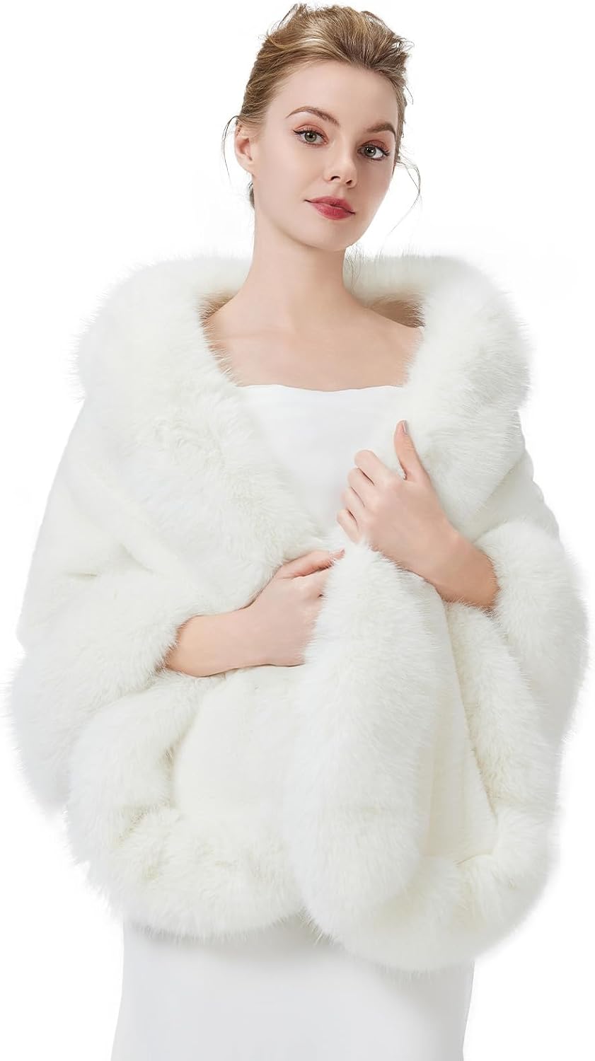 BEAUTELICATE Women's Faux Fur Shawl Wrap for Bridal Elegance