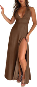Ekaliy Womens Halter Deep V Neck Maxi Dress - Sexy Beach Split