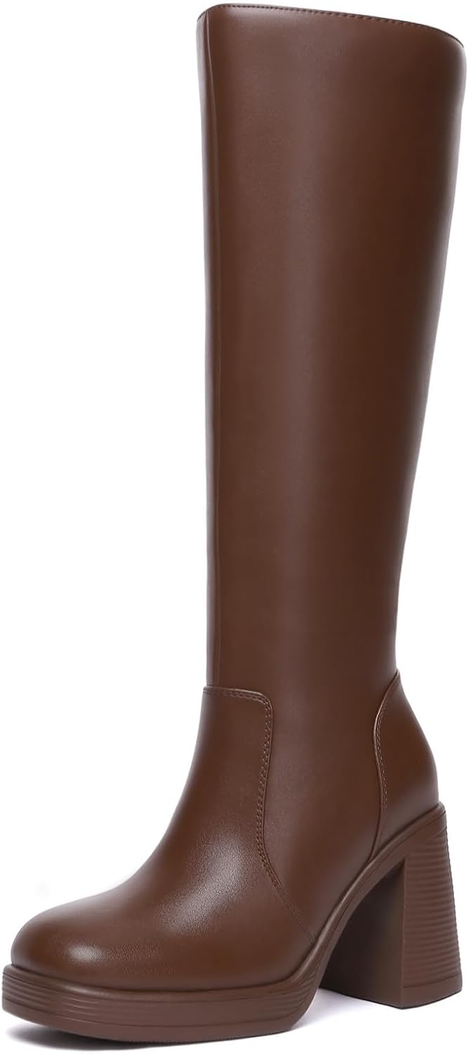 Athlefit Black Knee High Boots for Women with Chunky Heels